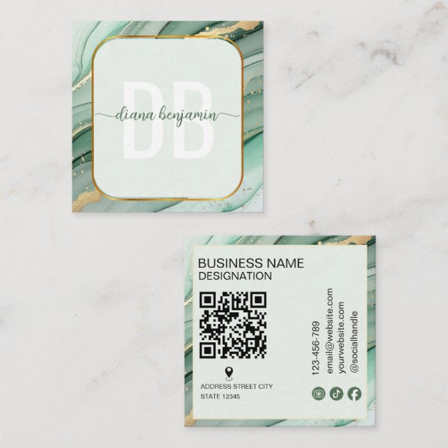 Moderne Salbeigrüne Gold-Monogramm-Qr-Code Quadratische Visitenkarte (Vorne/Hinten)