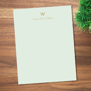 Moderne Salbeigrüne Gold-Schrift-Monogramm Briefbogen
