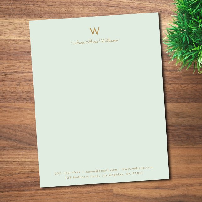 Moderne Salbeigrüne Gold-Schrift-Monogramm Briefbogen (Von Creator hochgeladen)