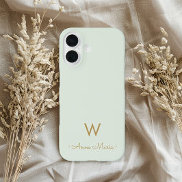Moderne Salbeigrüne Gold-Schrift-Monogramm iPhone 16 Hülle