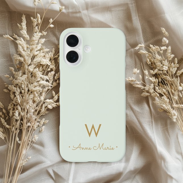 Moderne Salbeigrüne Gold-Schrift-Monogramm Case-Mate iPhone Hülle (Von Creator hochgeladen)