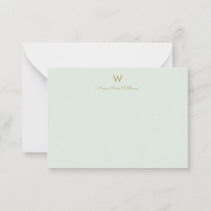 Moderne Salbeigrüne Gold-Schrift-Monogramm Mitteilungskarte