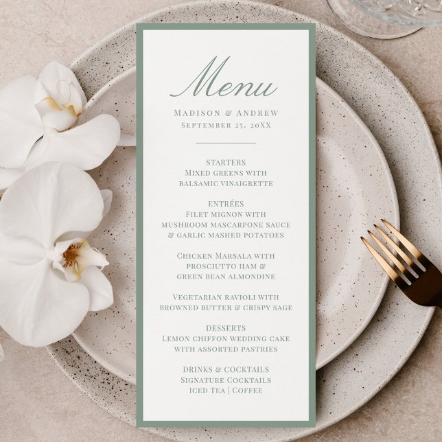 Moderne Salbeigrüne Hochzeitsumrandung Menükarte (Von Creator hochgeladen)