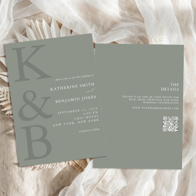 Moderne Salbeigrüne Monogramm-Hochzeit alles in ei Einladung (Von Creator hochgeladen)