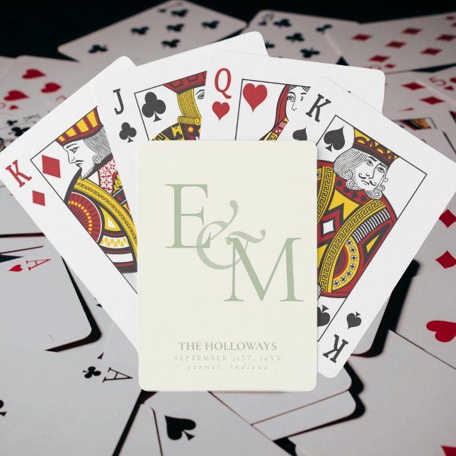 Moderne Salbeigrüne Monogramm-Hochzeitsgästebuch Spielkarten (Modern Sage Green Monogram Wedding Guest Book Poker Cards)