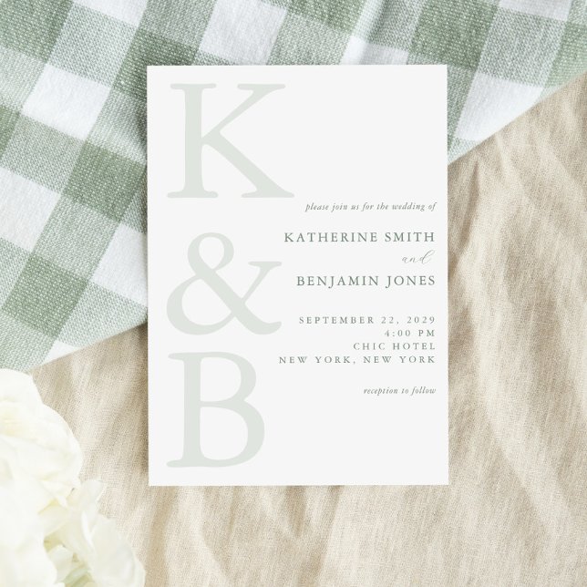 Moderne Salbeigrüne Monogramm-Minimalist-Hochzeit Einladung (Von Creator hochgeladen)