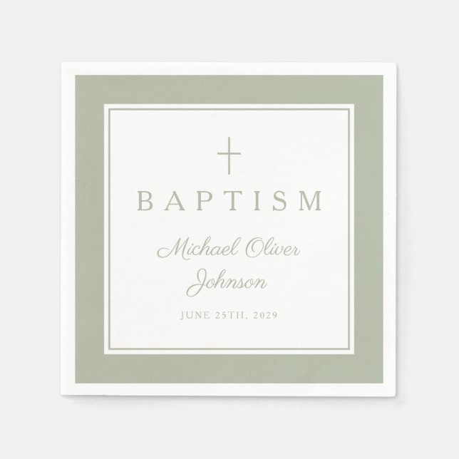 Moderne Salbeigrüne Religiöse Kreuz Jungen Taufe Serviette (Vorderseite)