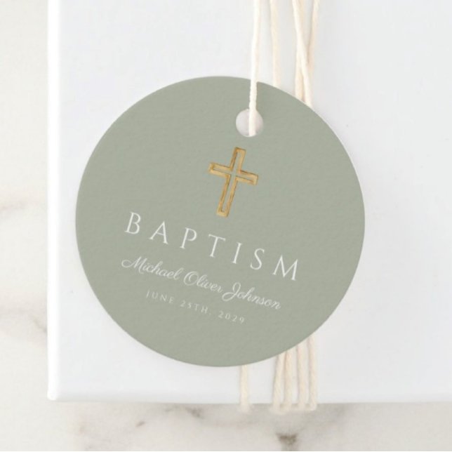 Moderne Salbeigrüne Religiöse Kreuzschrift-Taufe  Geschenkanhänger (Modern Sage Green Religious Cross Script Baptism Favor Tags)