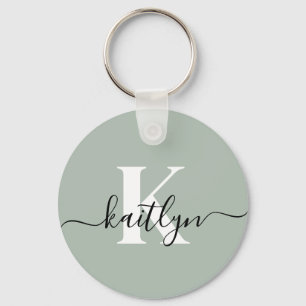 Moderne Salbeigrüne Script-Monogramm Schlüsselanhänger