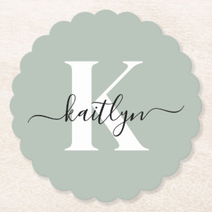 Moderne Salbeigrüne Script-Monogramm Untersetzer