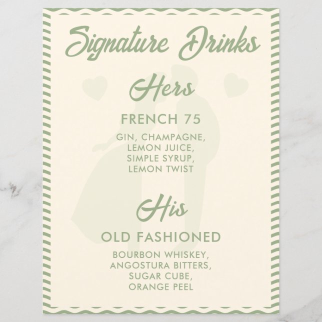 Moderne Salbeigrüne Signature-Drinks-Hochzeitstafe (Vorderseite)