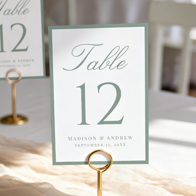 Moderne Salbeigrüne Umrandete Hochzeit Tischnummer (Von Creator hochgeladen)