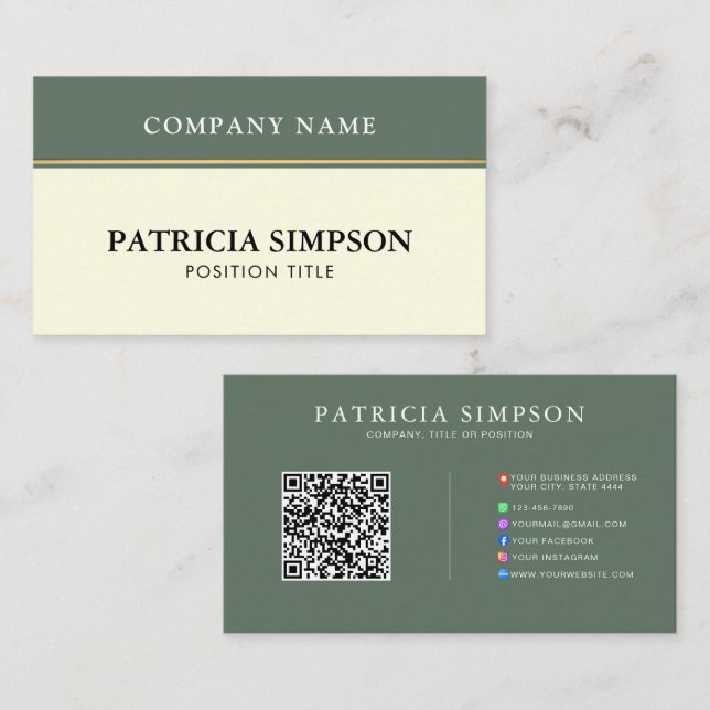 Moderne Salbeigrüne und Beige-Creme-QR-Code-Vorlag Visitenkarte (Vorne/Hinten)