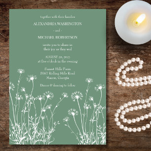 Moderne Salbeigrüne und Weiße Wildblumen-Hochzeit Einladung