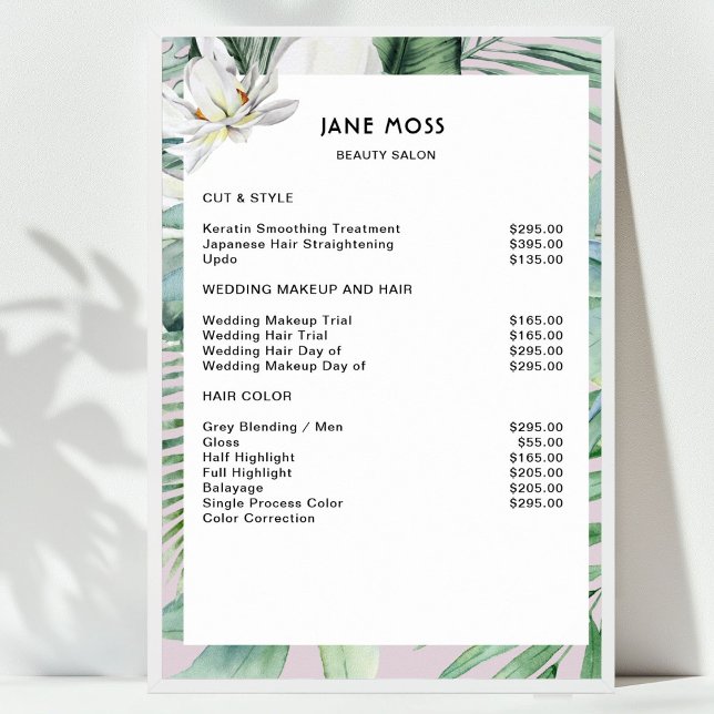 Moderne Salon Watercolor Tropenpreisliste Poster (Modern Salon Watercolor Tropical Price List Poster)
