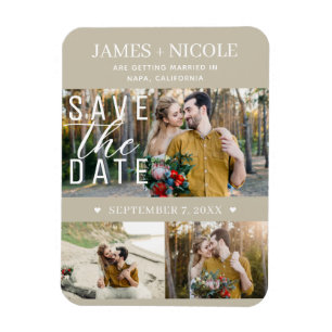 Moderne Sand-Beige Save-the-Date-Hochzeit 3 Fotos Magnet