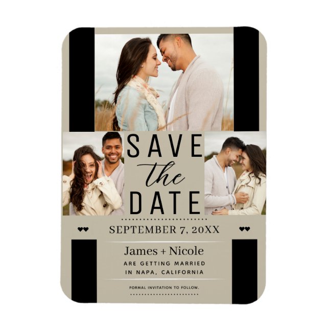 Moderne Sandbeige Save the Date 3 Foto Hochzeit Magnet (Vertikal)