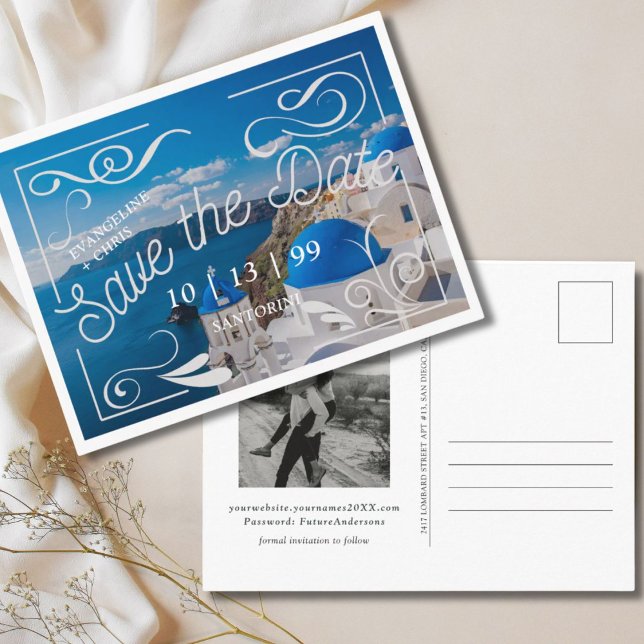 Moderne Santorini Save the Date Postcard Postkarte (Von Creator hochgeladen)