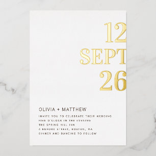 Moderne, saubere Typografie Hochzeit + Details Folieneinladung