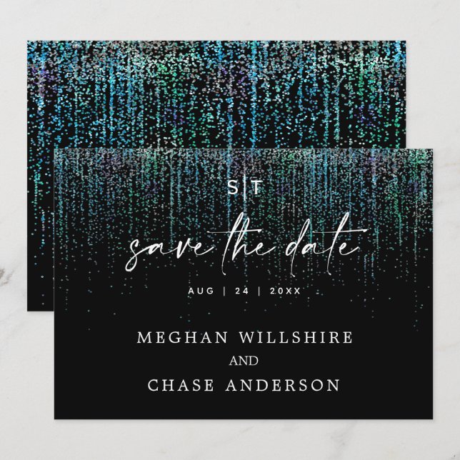 Moderne Save the Date Edgy Aquamarin Glitzer Einla Einladung (Vorne/Hinten)