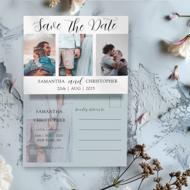 Moderne Save the Date Elegante Script Foto Collage Ankündigungspostkarte (Von Creator hochgeladen)