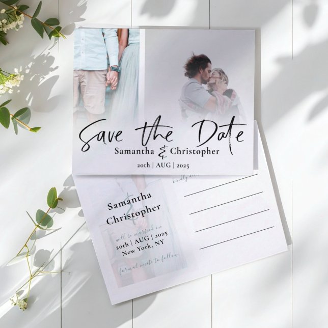 Moderne Save the Date Elegante Script Foto Collage Ankündigungspostkarte (Von Creator hochgeladen)