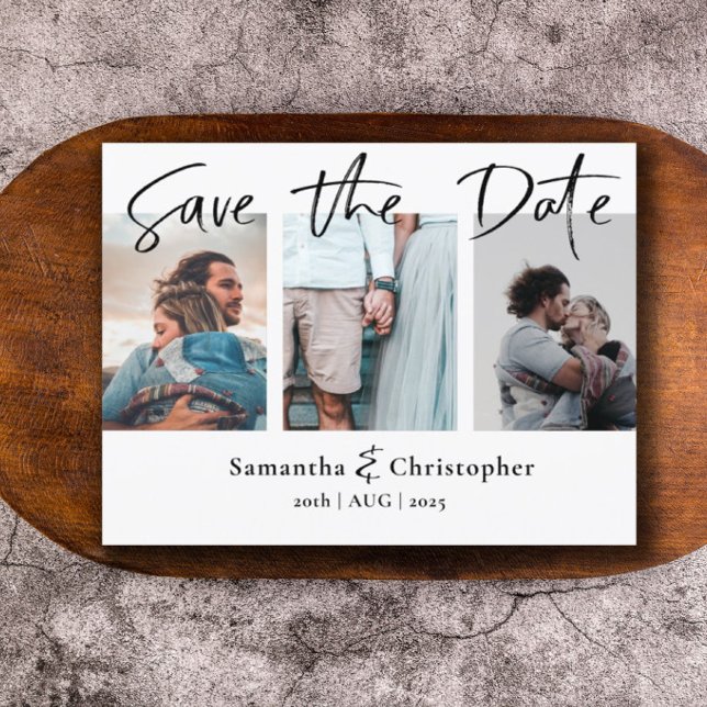 Moderne Save the Date Elegante Script Foto Collage Ankündigungspostkarte (Von Creator hochgeladen)