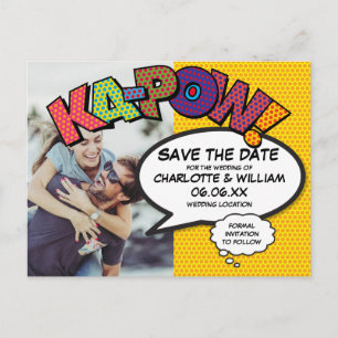 Moderne Save the Date Foto-Comic KAPOW Ankündigungspostkarte
