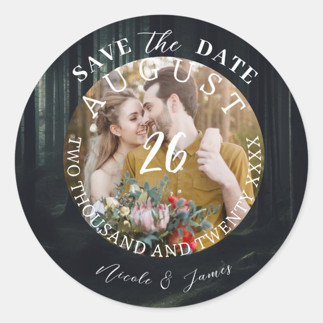 Moderne Save the Date Foto-Hochzeit Runder Aufkleber (Vorderseite)