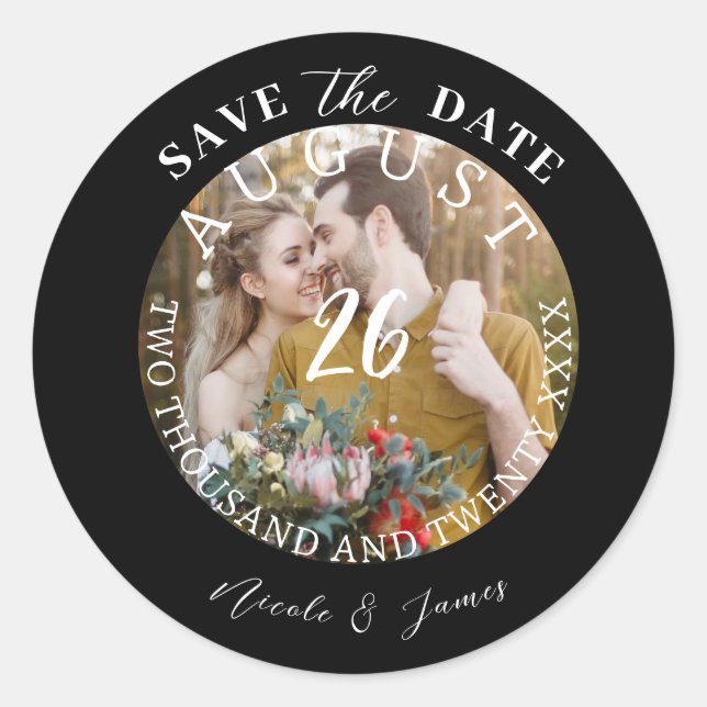 Moderne Save the Date Foto-Hochzeit Runder Aufkleber (Vorderseite)