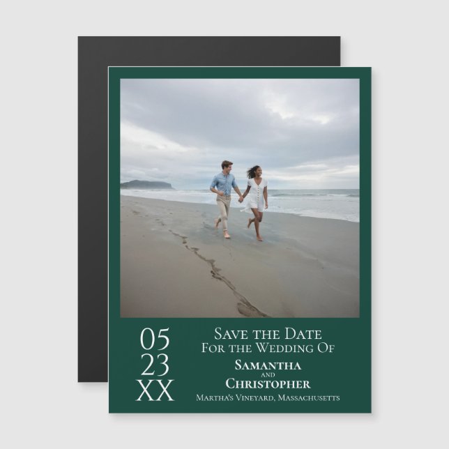 Moderne Save-the-Date-Foto Smaragdgrün Magnet (Vorne/Hinten)