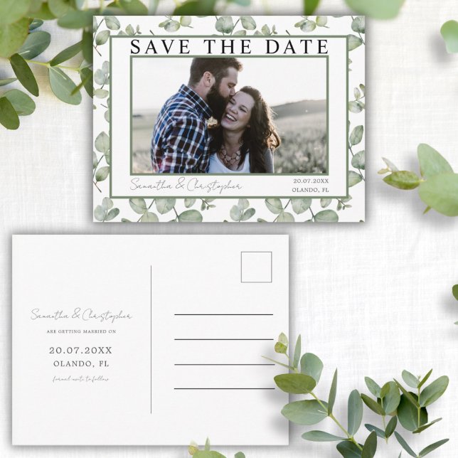 Moderne Save the Date grüne Eukalyptus & Foto Postkarte (Von Creator hochgeladen)