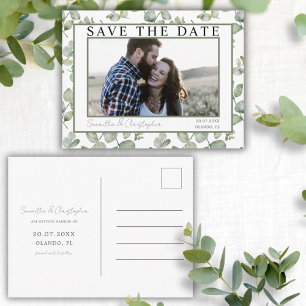 Moderne Save the Date grüner Eukalyptus & Foto Postkarte