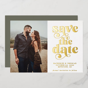 Moderne Save-the-Date-Karte mit Salbeigrün und Gol Folieneinladung