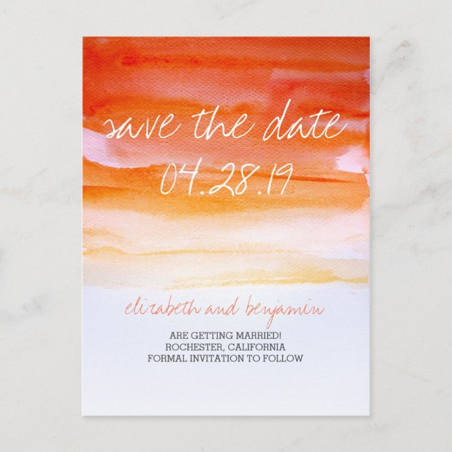 Moderne Save the Date-Postkarten in Aquarellfarben Ankündigungspostkarte (Vorderseite)