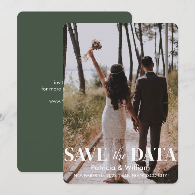 Moderne Save the Date-Waldgrüne Foto-Hochzeit Einladung (Vorne/Hinten)