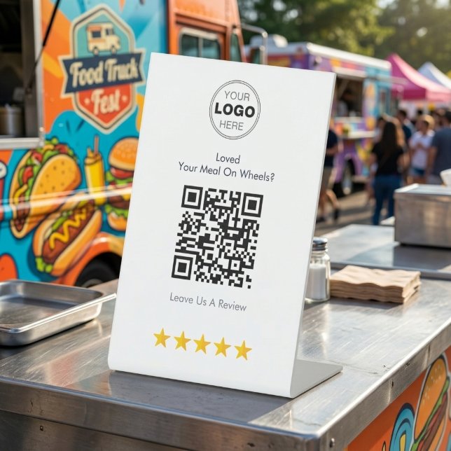 Moderne scannbare Speisenwagen-Bewertungs-QR-Code Sockelschild (Boost Food Truck Reviews with This Sleek QR Code Pedestal Sign)