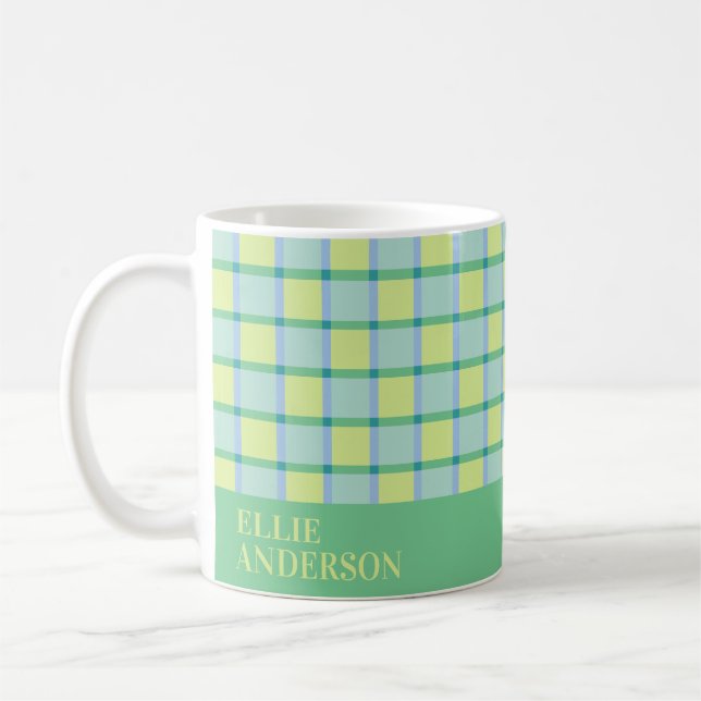 Moderne Schachbrettmuster in Blau, Grün und Limett Kaffeetasse (Links)