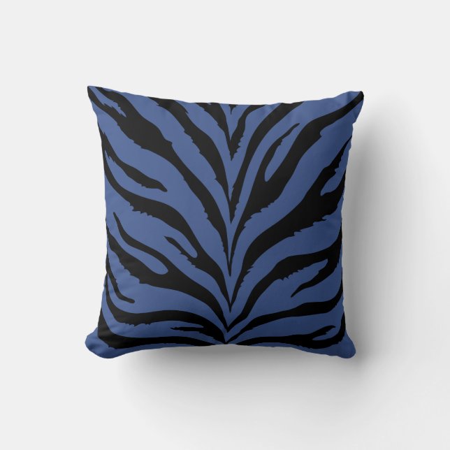 Moderne, schick blaue und schwarze Zebradruckkisse Kissen (Vorderseite)