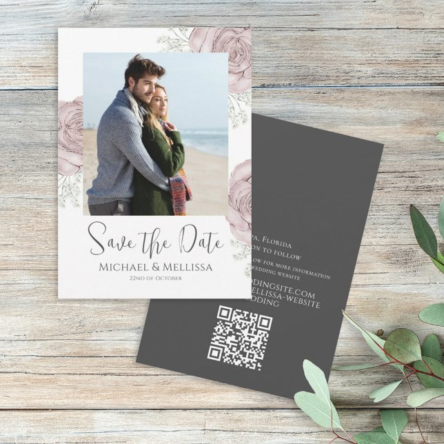 Moderne, schick-dusty Rose Blumencode QR-Code Save The Date (Von Creator hochgeladen)