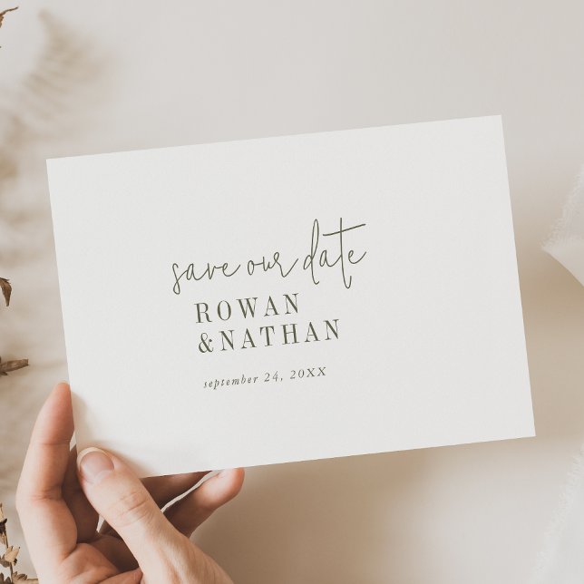 Moderne schick-grüne und weiße Hochzeit Save The Date (Von Creator hochgeladen)
