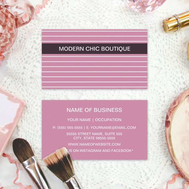 Moderne, schick und rosa Streifen Mode Boutique Visitenkarte (Modern Chic Thin Pink Stripes Fashion Boutique Business Cards)