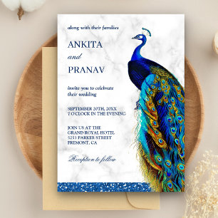 Moderne Schicke Blaue Glitzer-Pfau-Hochzeit indisc Einladung
