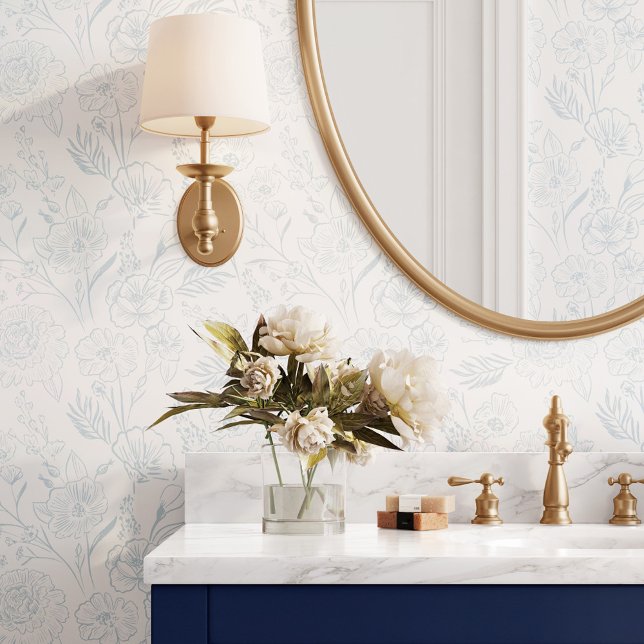 Moderne schicke Blaue Linie Art Blumenblättermuste Tapete (Modern Chic Blue Line Art Floral Foliage Pattern Wallpaper)