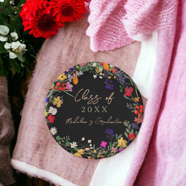 Moderne schicke boho Wildblumen Abschluss Pappteller (Modern chic boho wildflowers graduation paper plates black)