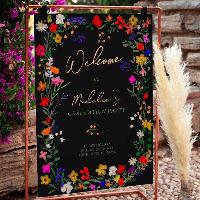 Moderne schicke boho wilde Blume Abschluss Empfang Poster (Modern chic boho wild flowers graduation welcome poster black)
