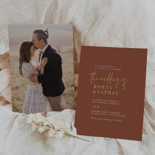 Moderne Schicke Goldfolie Terrakotta Foto-Hochzeit Folieneinladung