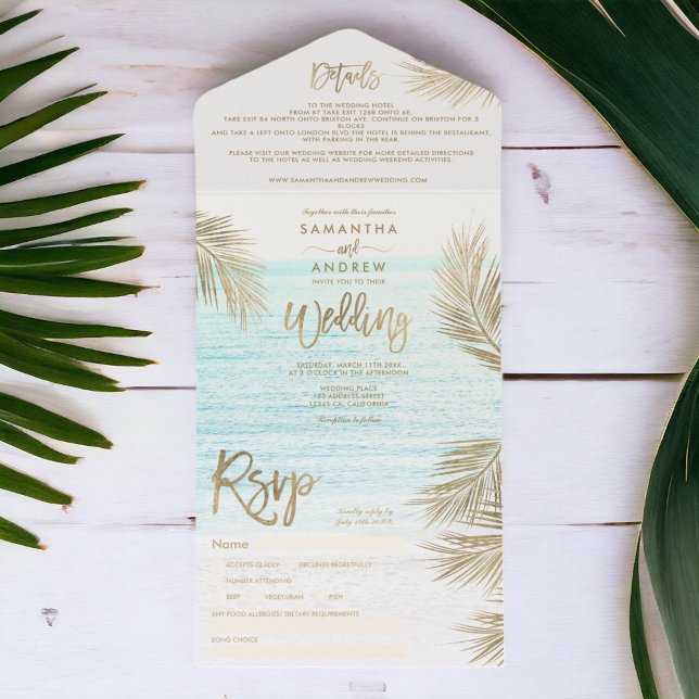 Moderne schicke Goldpalme Tropenstrand Hochzeit All In One Einladung (Modern chic gold palm tree tropical beach wedding all in one invitation)