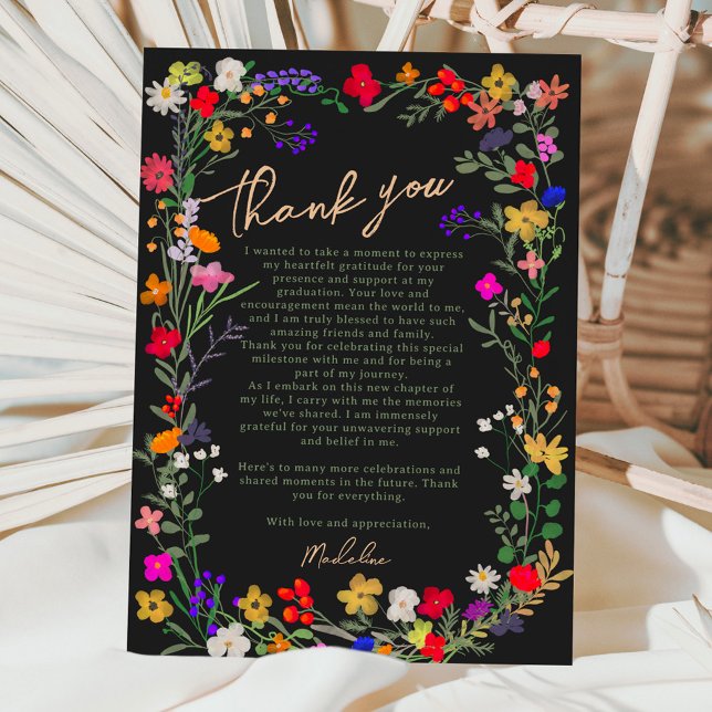 Moderne schicke, helle, wilde Blume Abschluss Dankeskarte (Modern chic boho bright wild flowers graduation thank you card black)