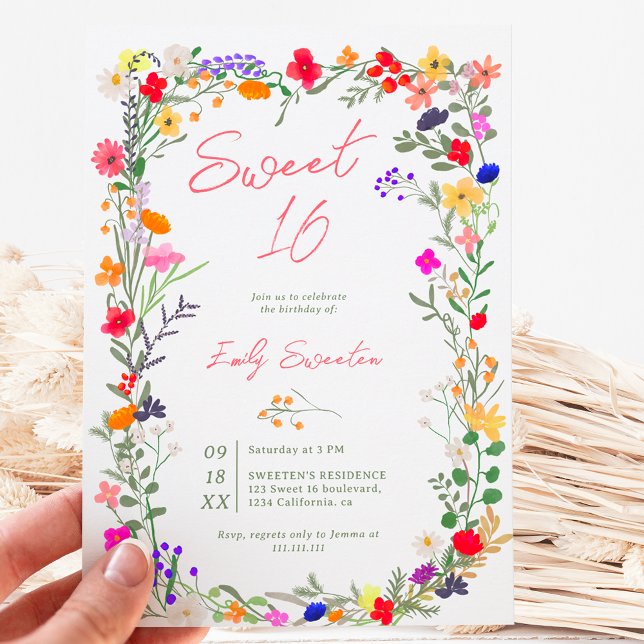 Moderne schicke, helle, wilde Blume Sweet 16 Einladung (Modern chic boho bright wild flowers Sweet 16 Invitation)